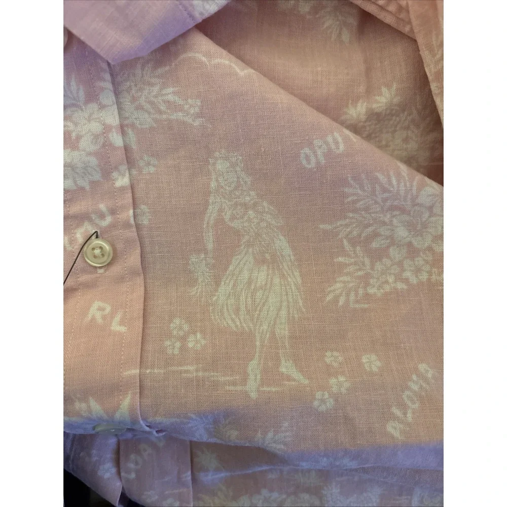 Polo Ralph Lauren Shirt Men L Pink Hawaiian Cotton Linen Classic Fit Button Up